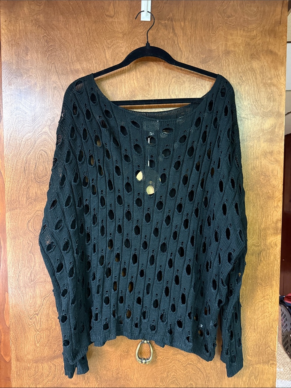BiBi Black Distressed Open-Knit Off-the-Shoulder Sweater